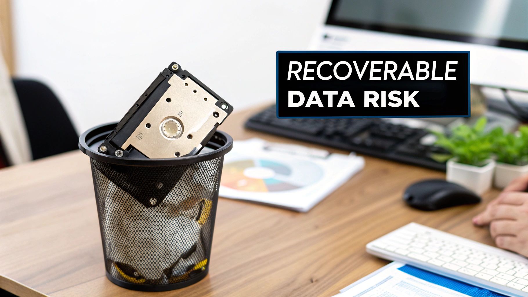 A hard drive discarded in a trash can on an office desk with "RECOVERABLE DATA RISK" text.