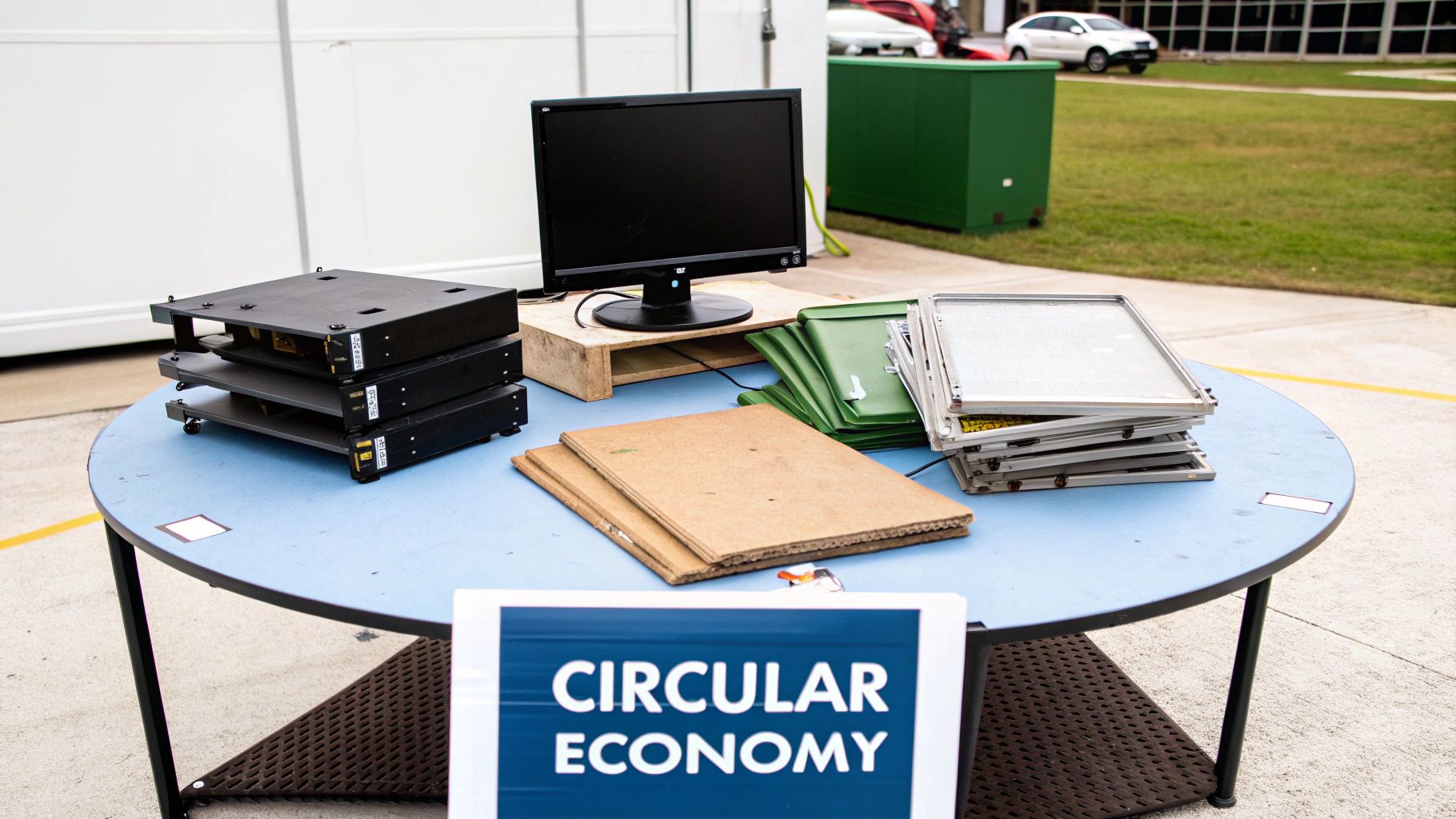 Electronic waste, cardboard, and components displayed on a blue table, promoting a circular economy.