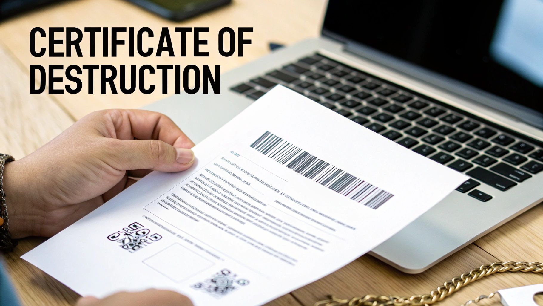 A person holds a 'Certificate of Destruction' document, with a laptop and wooden desk in the background.
