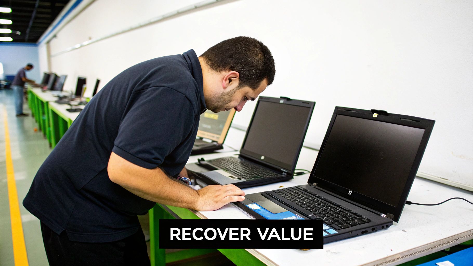 A man carefully inspects laptops on a long workbench in an electronics processing facility.