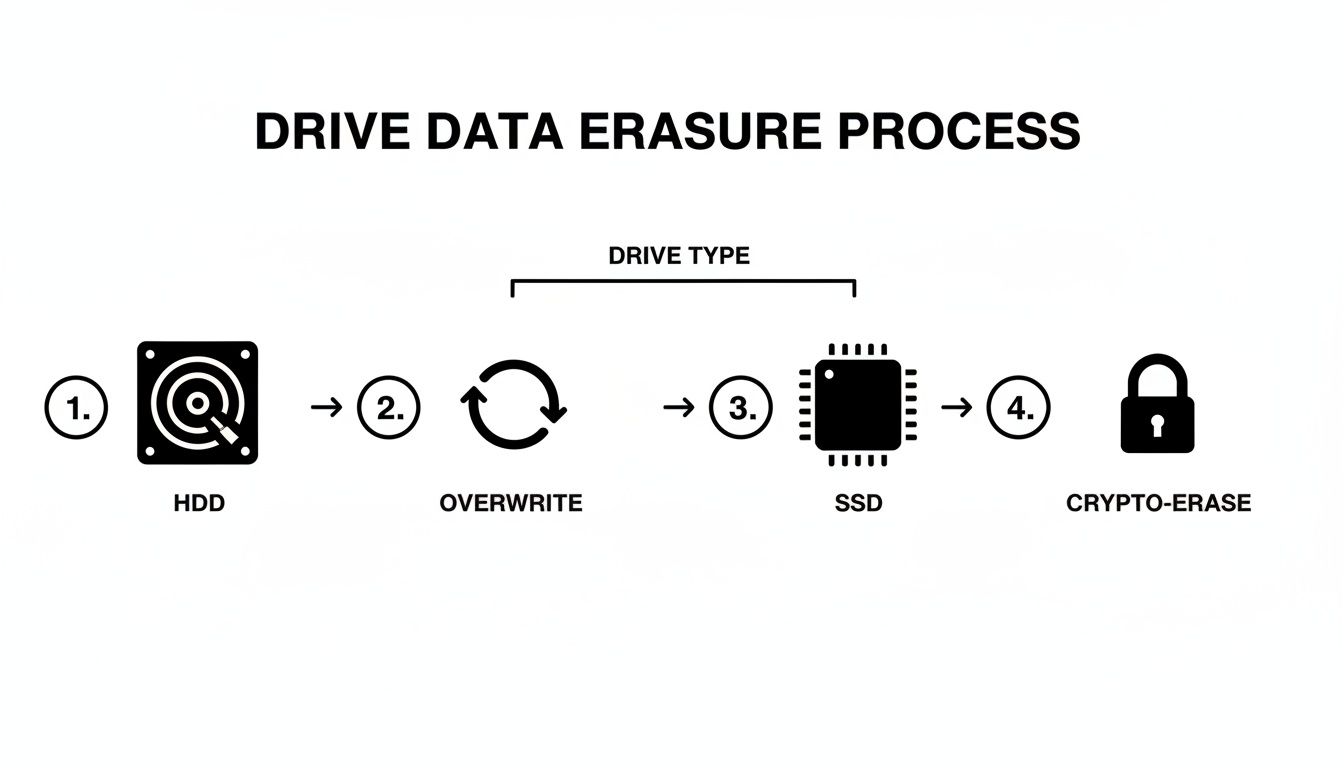 Flowchart illustrating the drive data erasure process for HDDs (overwrite) and SSDs (crypto-erase).