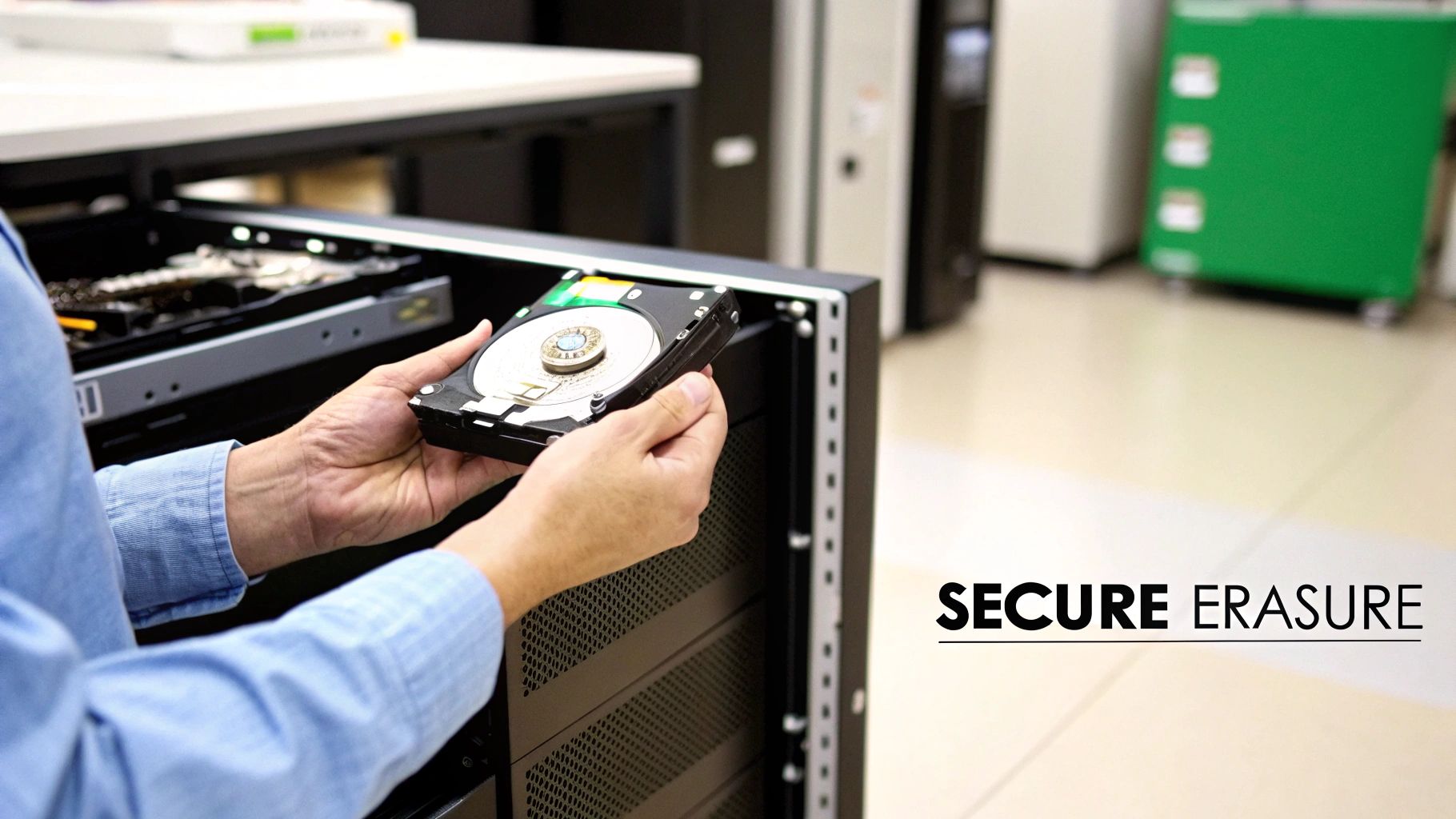 Hands holding an exposed hard drive in front of a server rack, with "SECURE ERASURE" text.