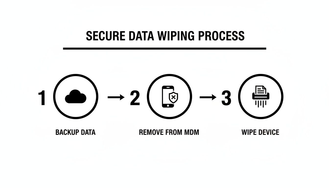 A three-step secure data wiping process flowchart showing backup, MDM removal, and device wipe.