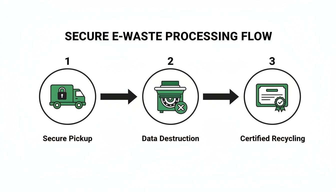 Diagram illustrating secure e-waste processing flow: secure pickup, data destruction, and certified recycling.