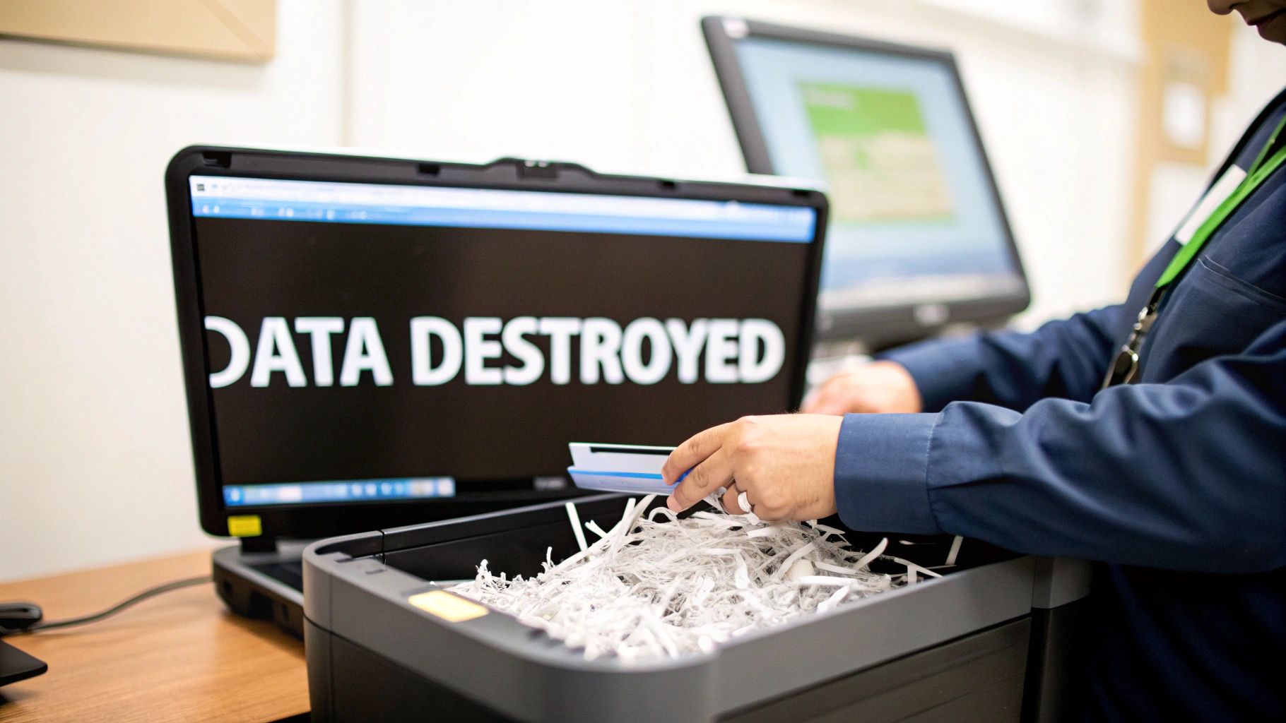 Employee destroying confidential paper documents while a laptop shows "DATA DESTROYED".