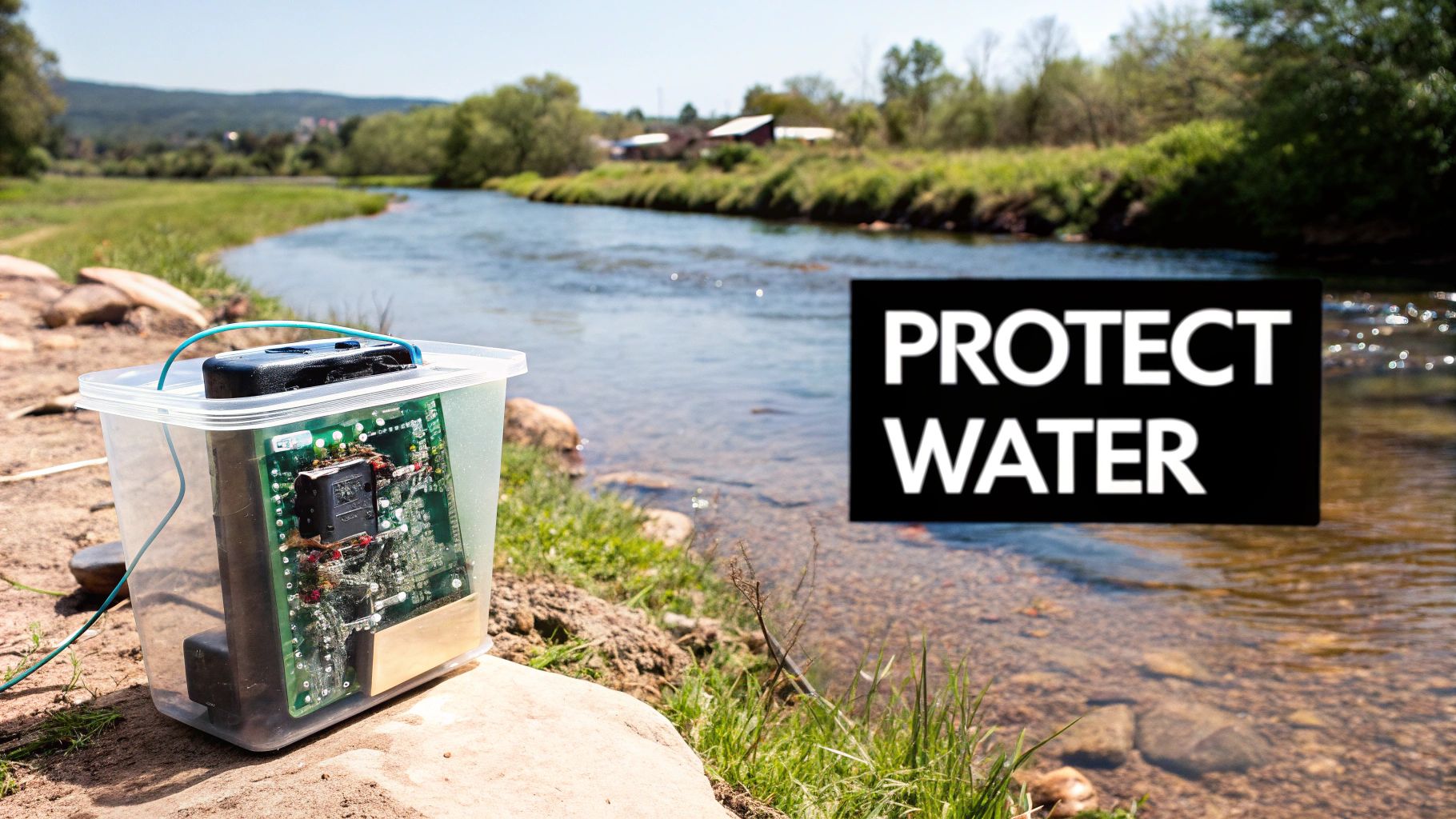 A circuit board in a clear container next to a river with 'PROTECT WATER' overlay.