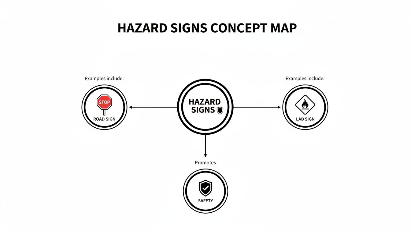A concept map illustrates hazard signs, providing road and lab signs as examples that promote safety.
