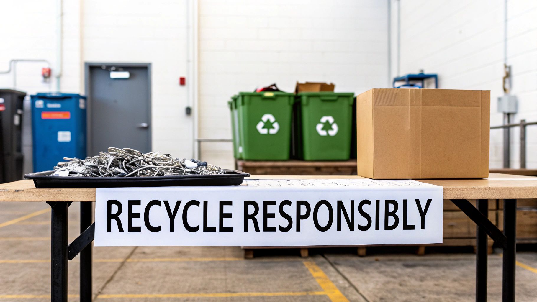 Recycling station with metal scraps, cardboard box, and green recycling bins in warehouse facility