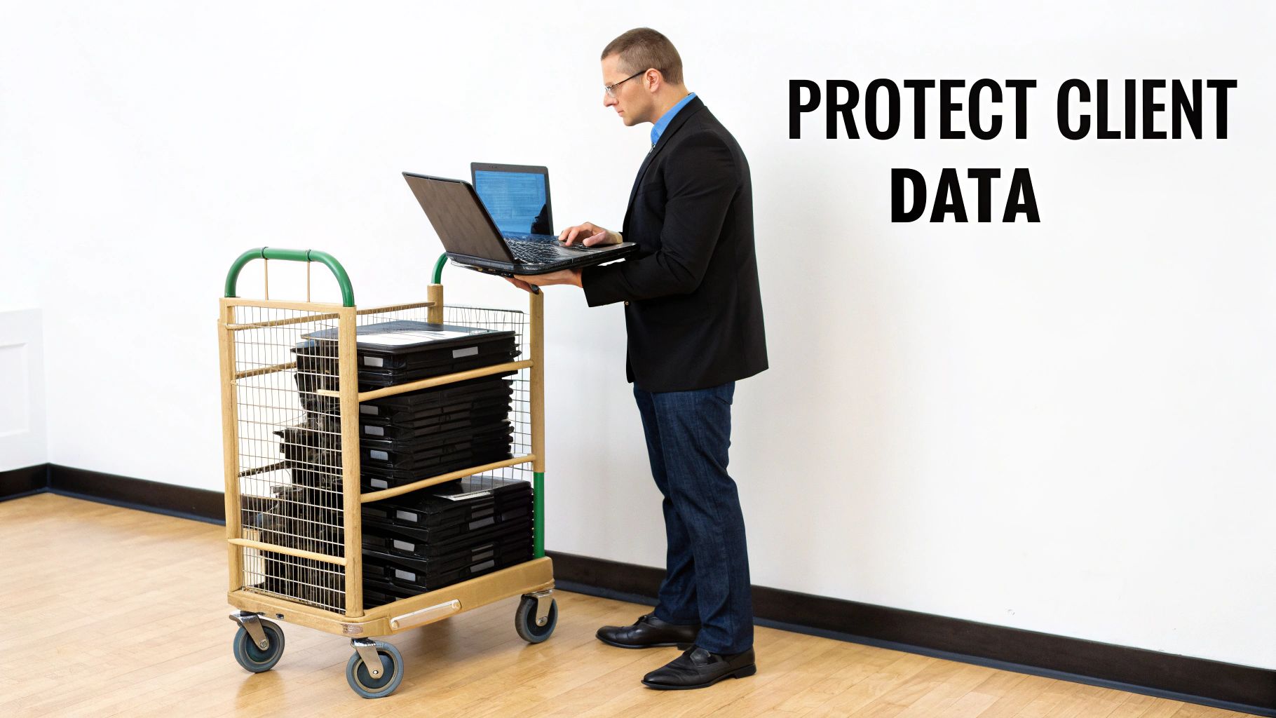 A man uses a laptop next to a cart full of stacked laptops and the text 'PROTECT CLIENT DATA'.