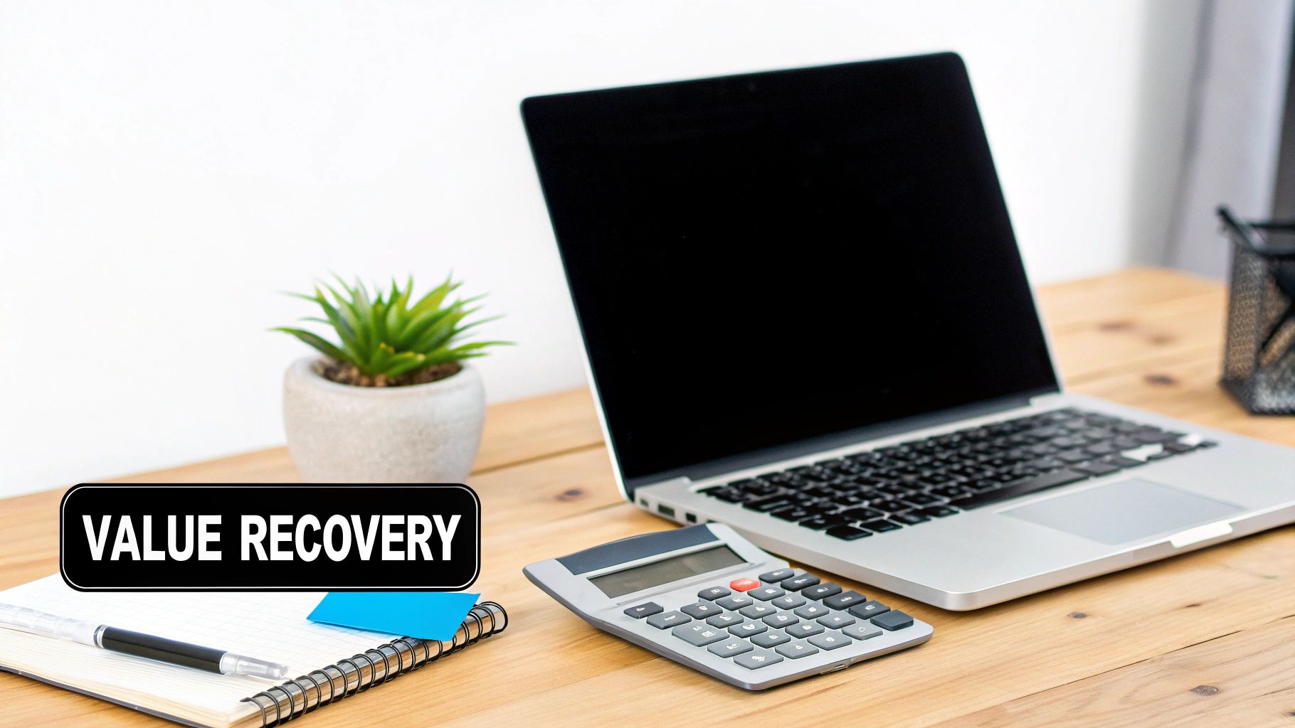 An office desk with a laptop, calculator, and a sign displaying 'VALUE RECOVERY'.