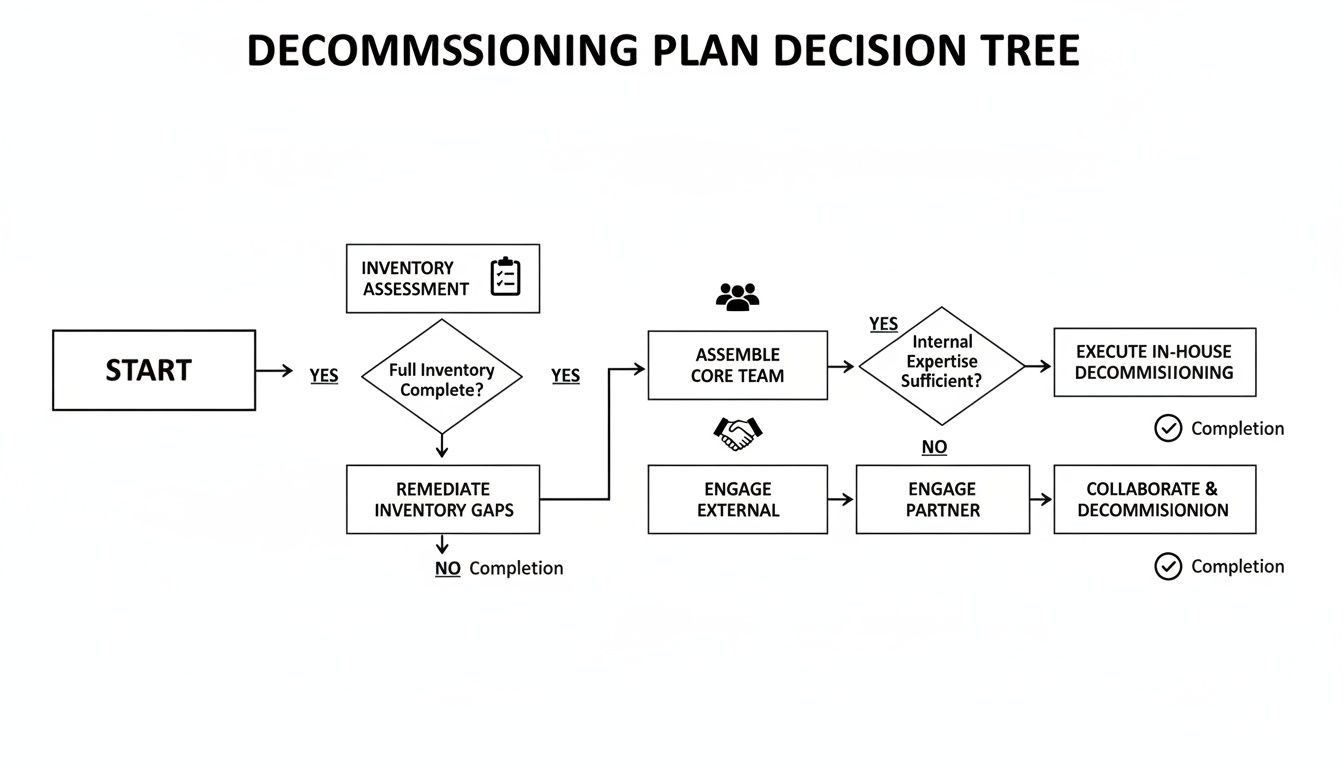 A flowchart illustrating a decommissioning plan decision tree for inventory assessment and execution strategies.