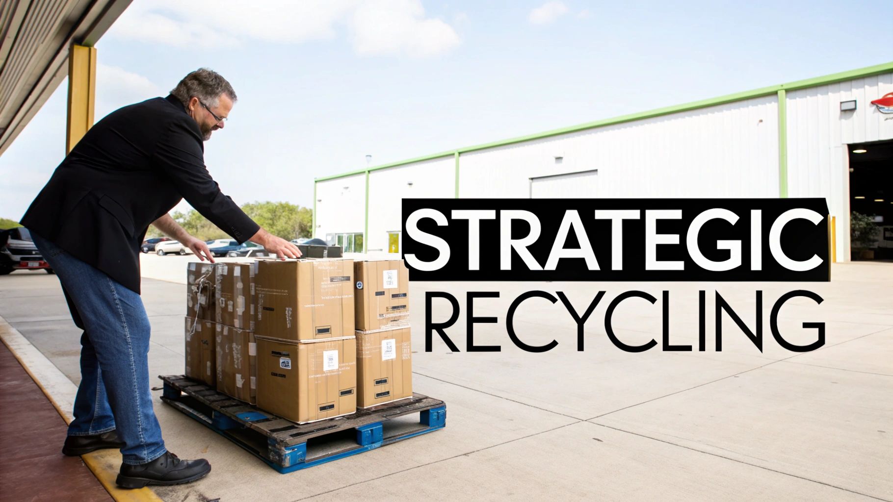 A man in a blazer handles cardboard boxes stacked on a blue pallet outside a warehouse.