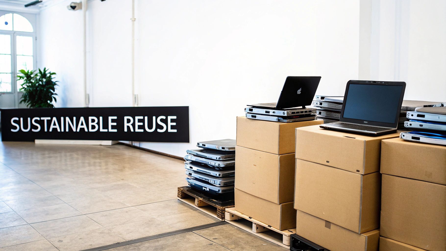 Stacks of old laptops on cardboard boxes and pallets, next to a 'Sustainable Reuse' sign.