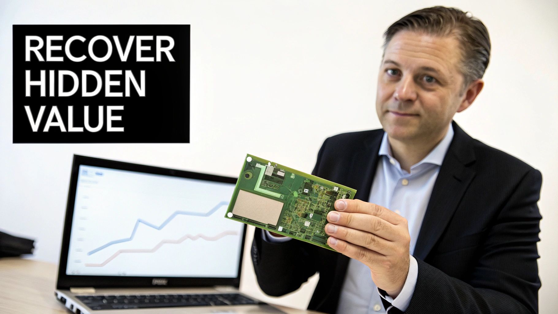 A businessman holds a circuit board, with a laptop showing a graph and 'RECOVER HIDDEN VALUE' text.