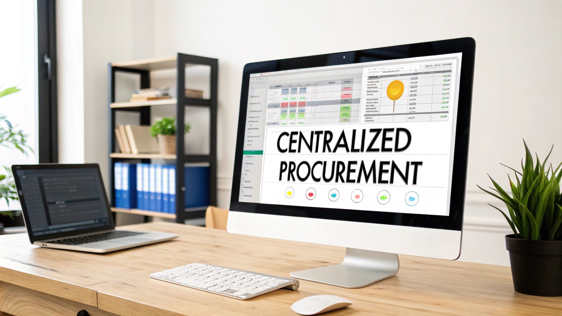 Modern office setup with a monitor displaying 'CENTRALIZED PROCUREMENT' text and charts, alongside a laptop.