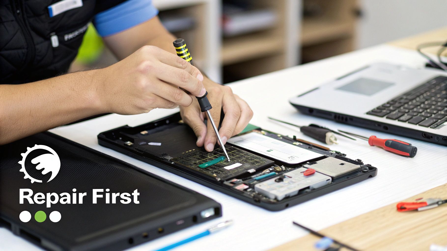 Technician repairing tablet computer circuit board with tools promoting repair first initiative