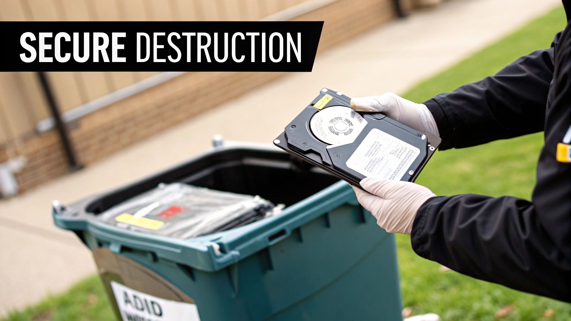 A person wearing gloves is securely disposing of a computer hard drive into a destruction bin.