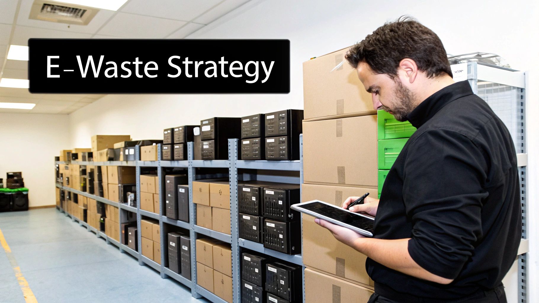 A worker uses a tablet to manage e-waste strategy in a storage facility.