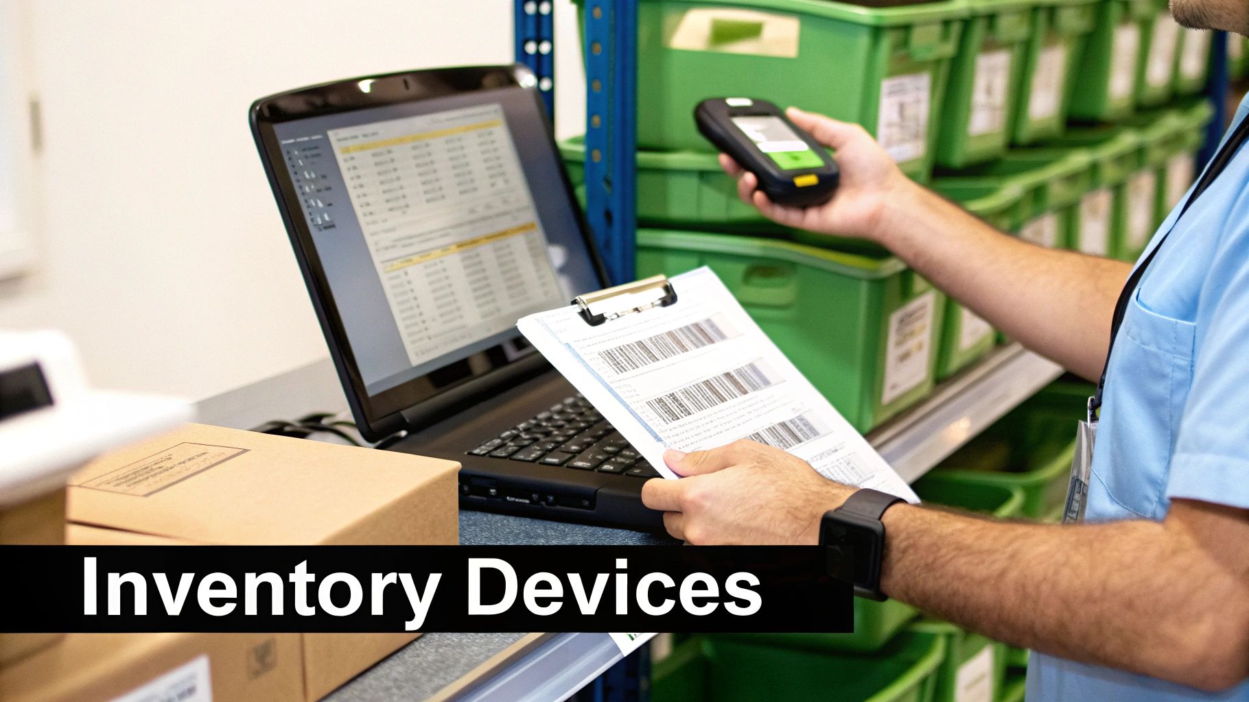 A worker uses a barcode scanner and laptop for inventory management in a warehouse setting.