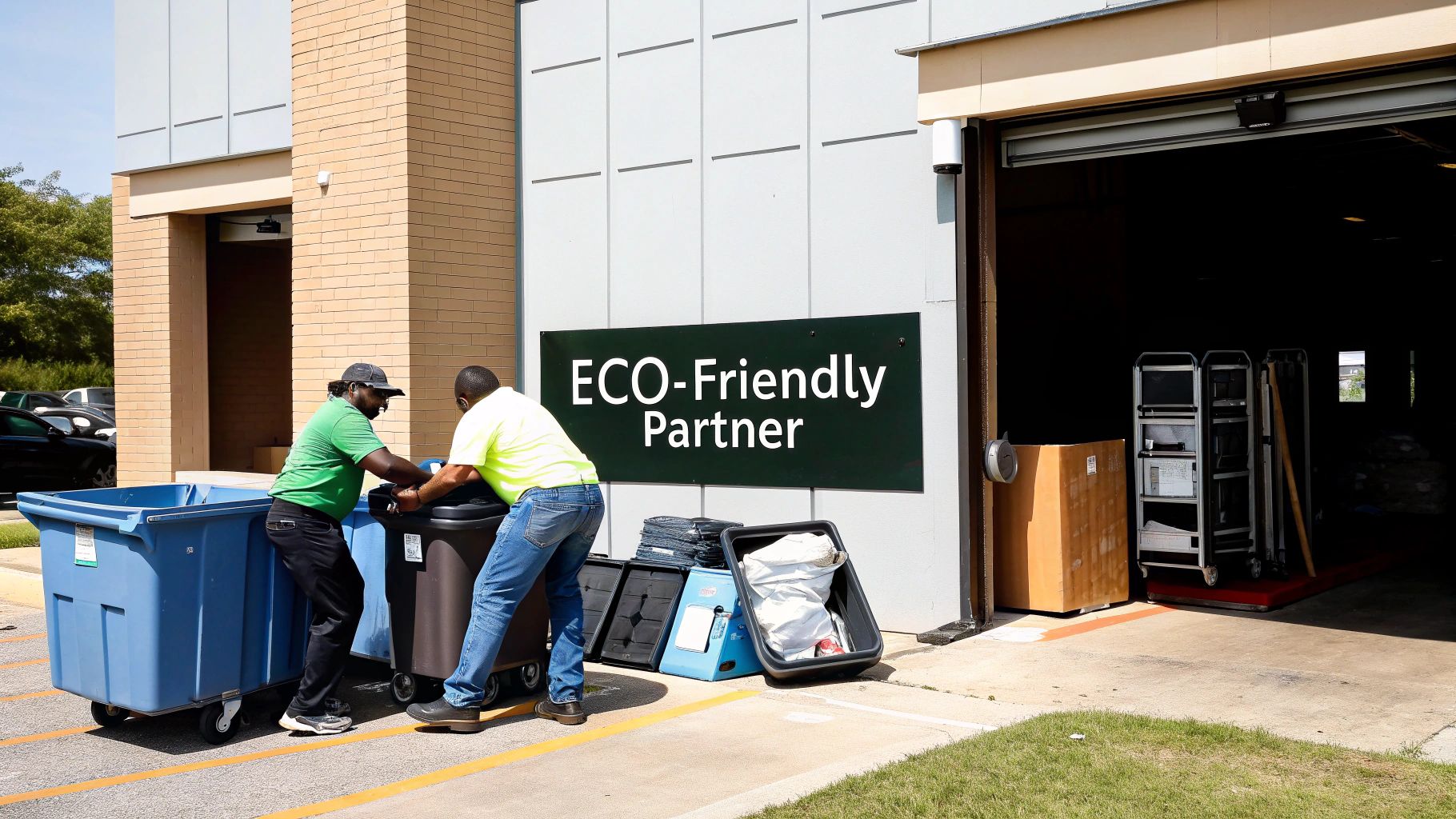 A team sorting through various materials like electronics and metals for recycling in a clean, organized facility.