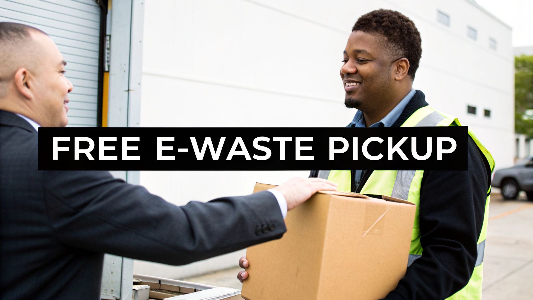 Two men exchange a cardboard box, with "FREE E-WASTE PICKUP" text overlay.