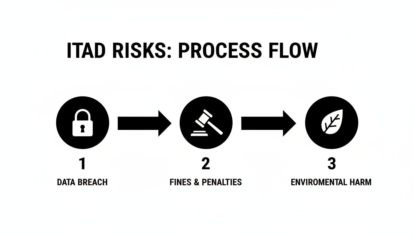 ITAD risks process flow diagram detailing data breach, fines, penalties, and environmental harm consequences.