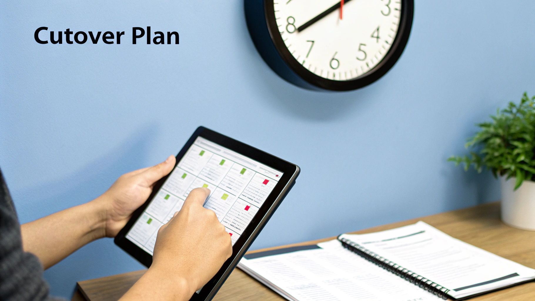Person's hands review a digital cutover plan on a tablet, with a clock in the background.