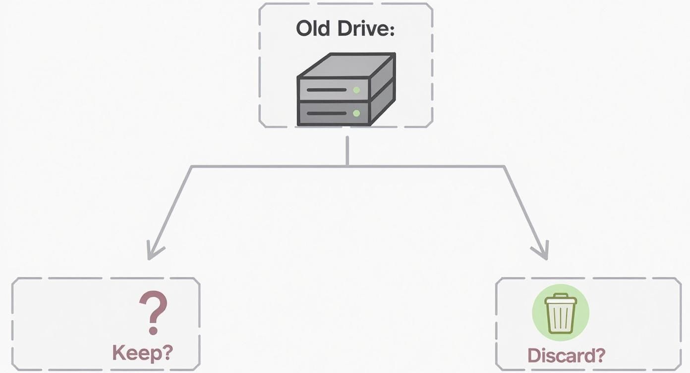 Decision flowchart showing old hard drive with options to keep or discard data before erasing