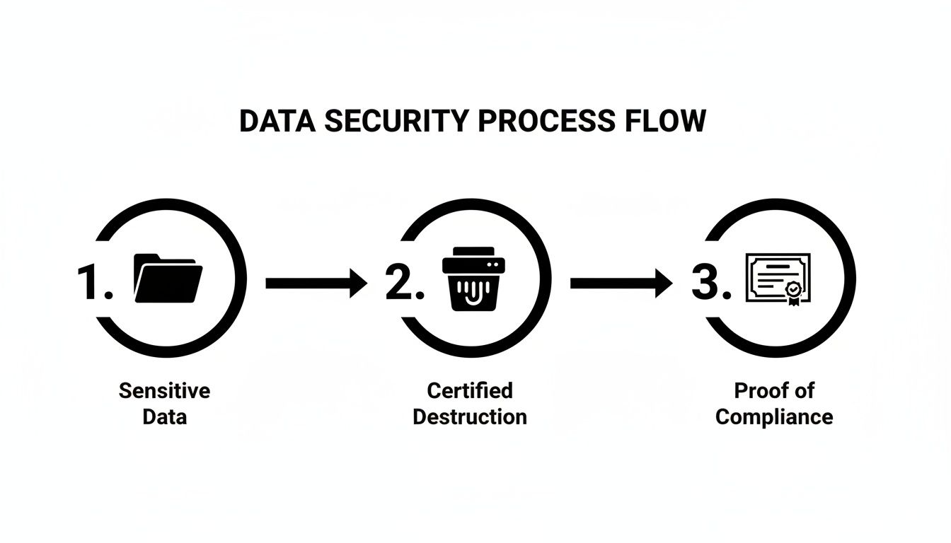 A data security process flow showing sensitive data, certified destruction, and proof of compliance.