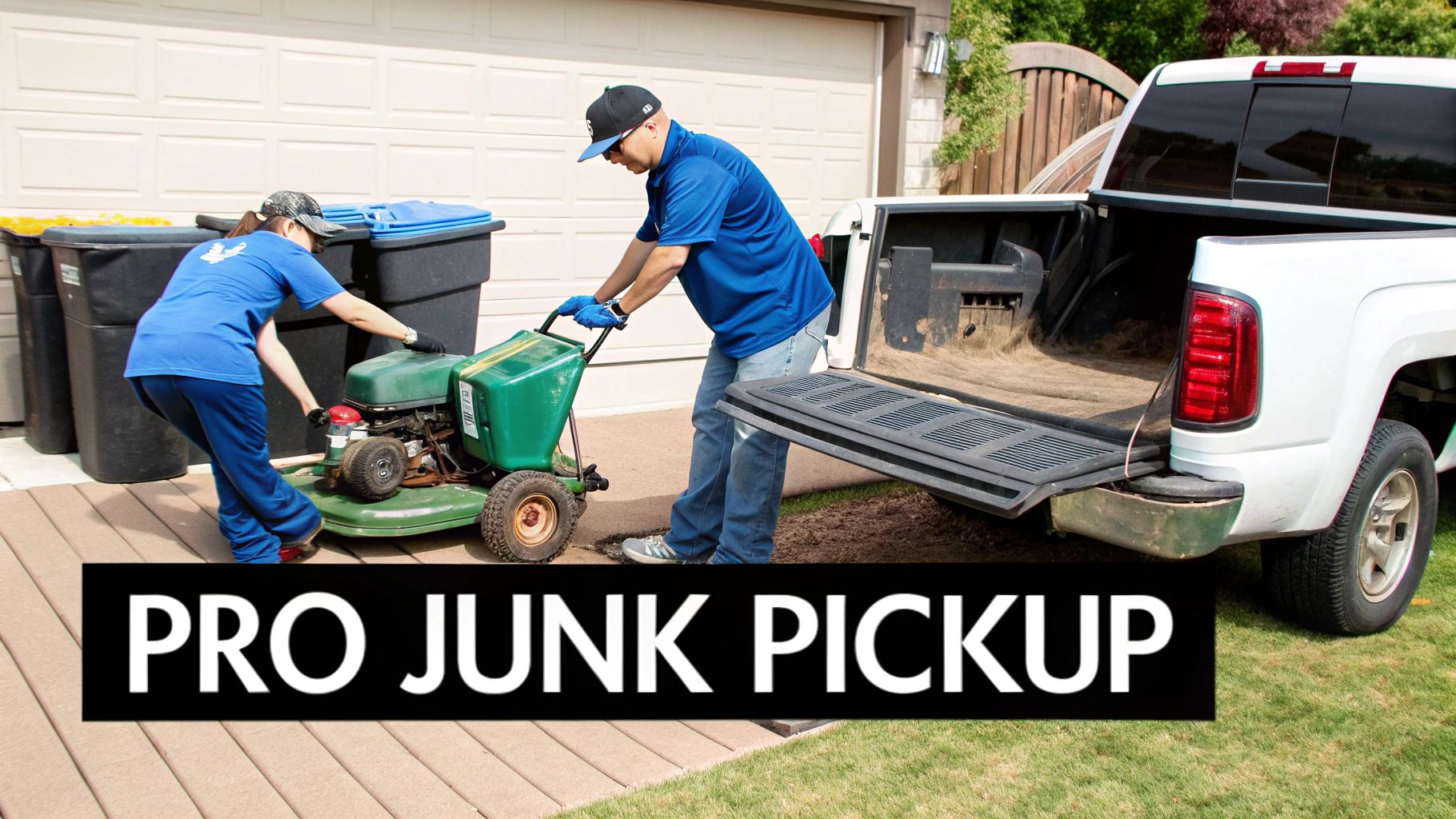 Two professional junk removal workers loading old green lawn mower into white pickup truck