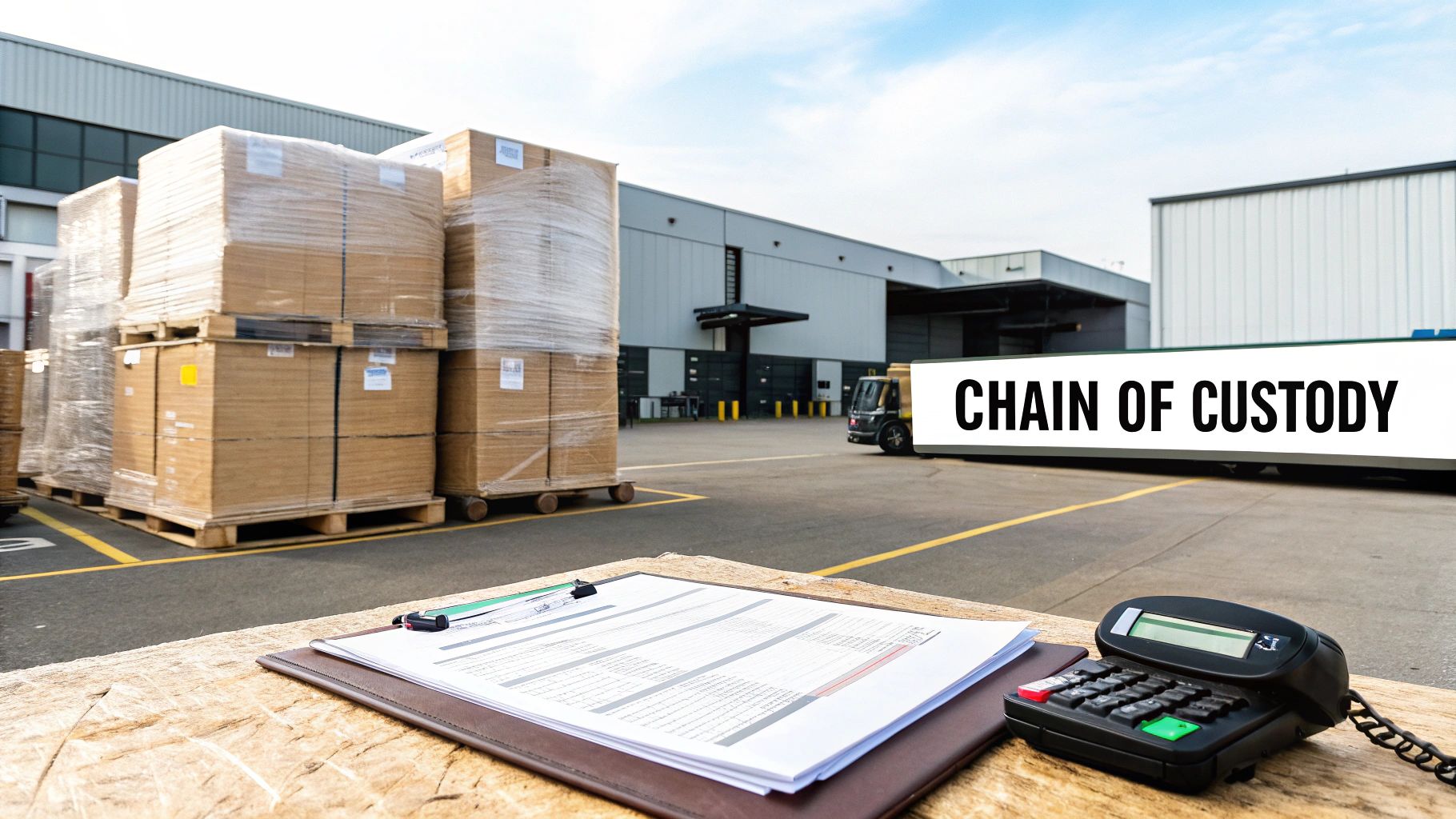 Documents on clipboard, calculator, and stacked boxes at a logistics facility with 'Chain of Custody' sign.