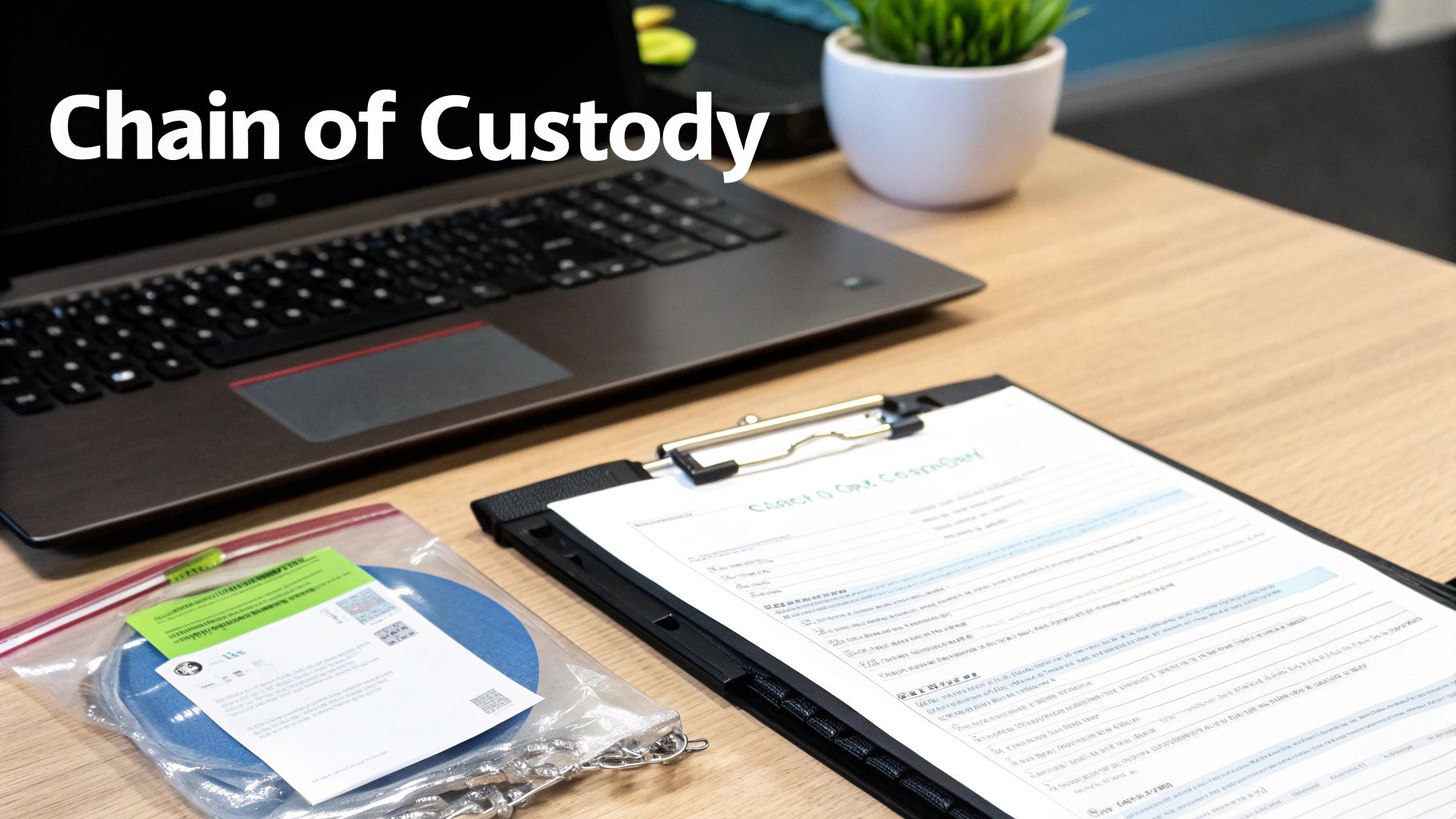 Desk with a laptop showing 'Chain of Custody', a clipboard with a form, and a bag of items, highlighting secure data handling.