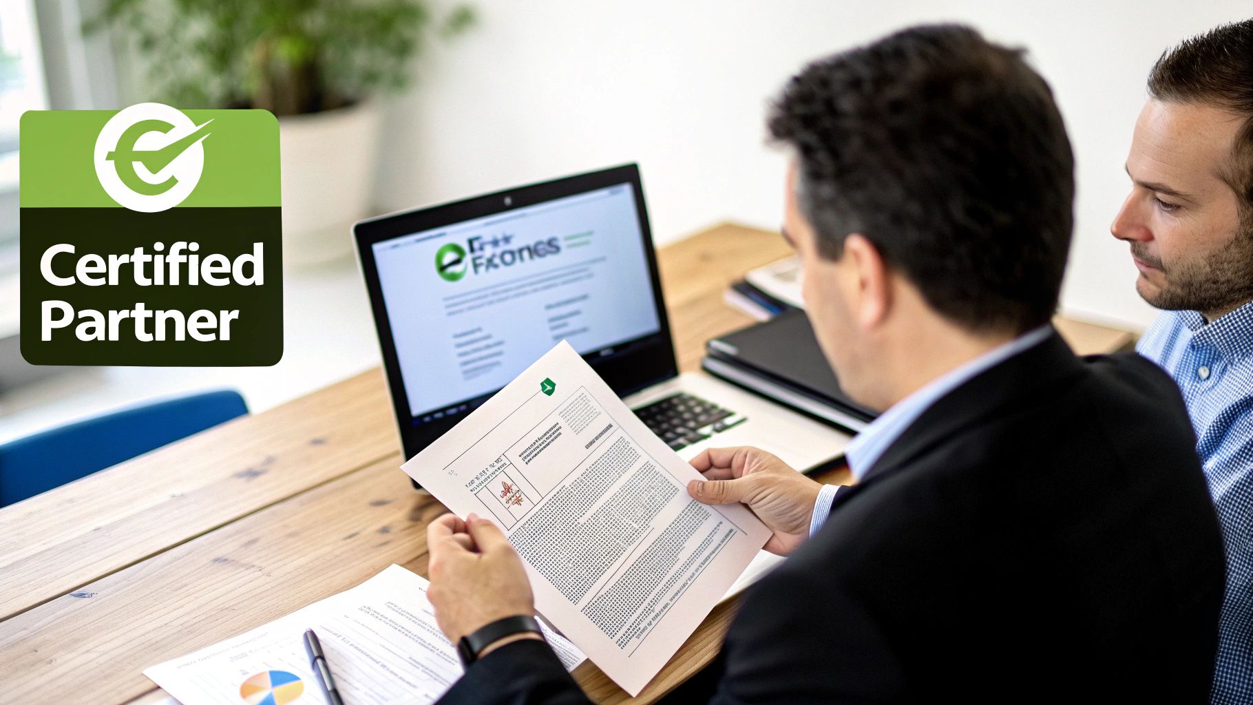 Two business partners review documents and a laptop with a 'Certified Partner' badge on the screen.