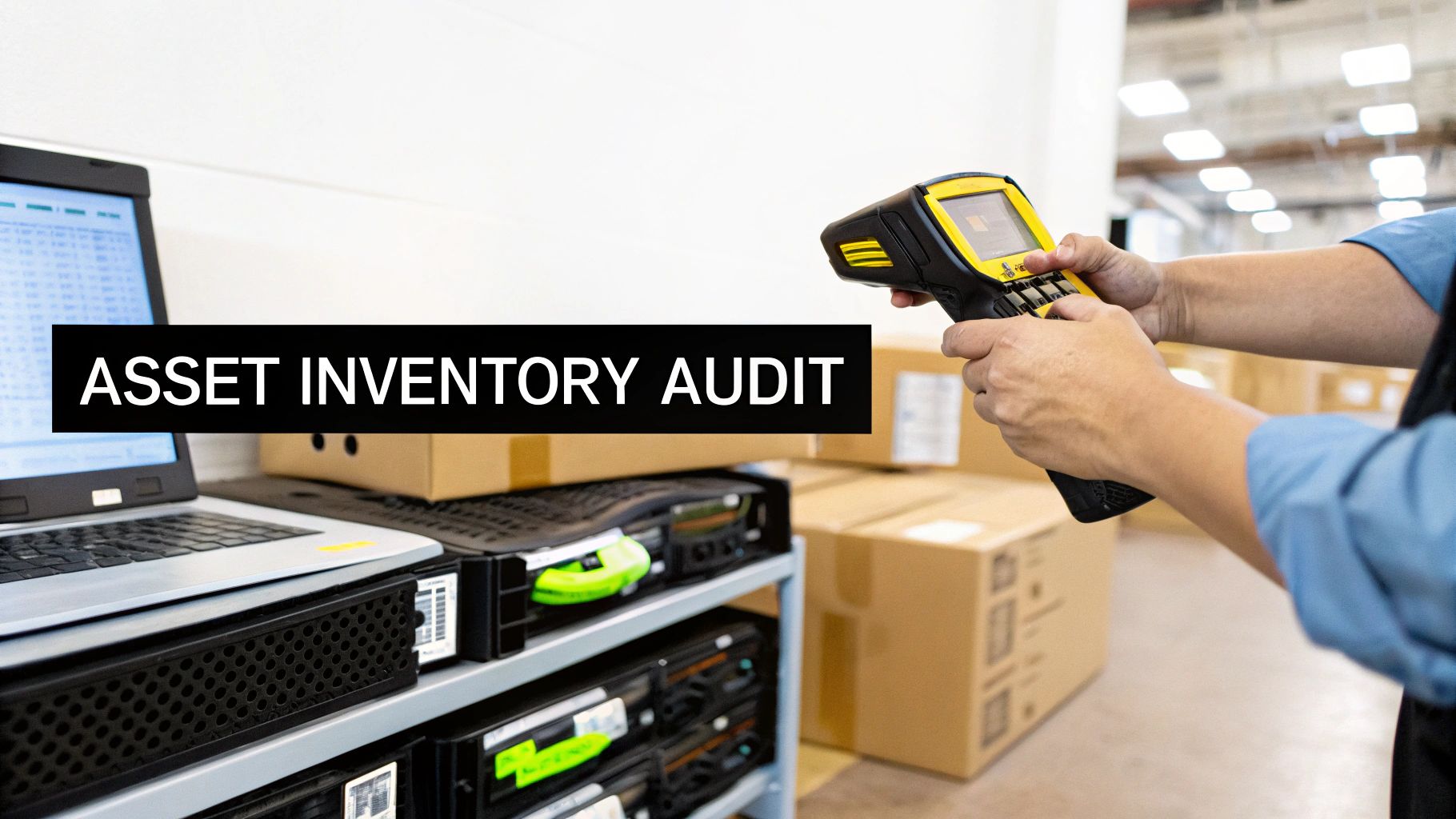 A person scans assets with a handheld barcode scanner, with a laptop and server racks.
