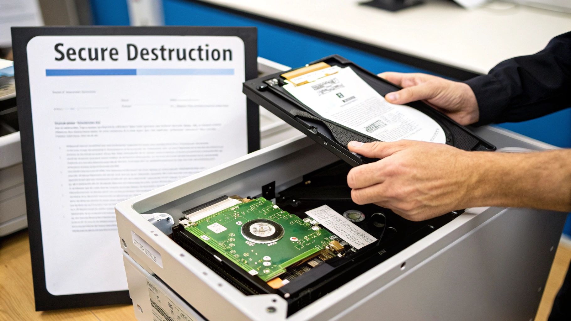 A person preparing to securely destroy a hard drive with a document, next to a 'Secure Destruction' sign.