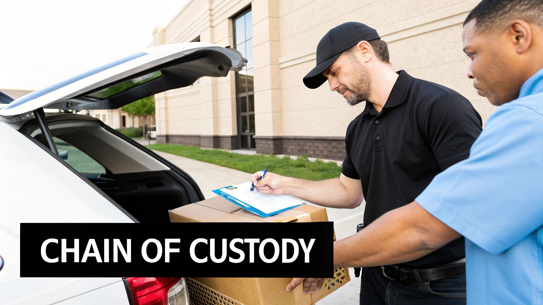Two men exchanging packages and signing documents from a car, illustrating the chain of custody process.
