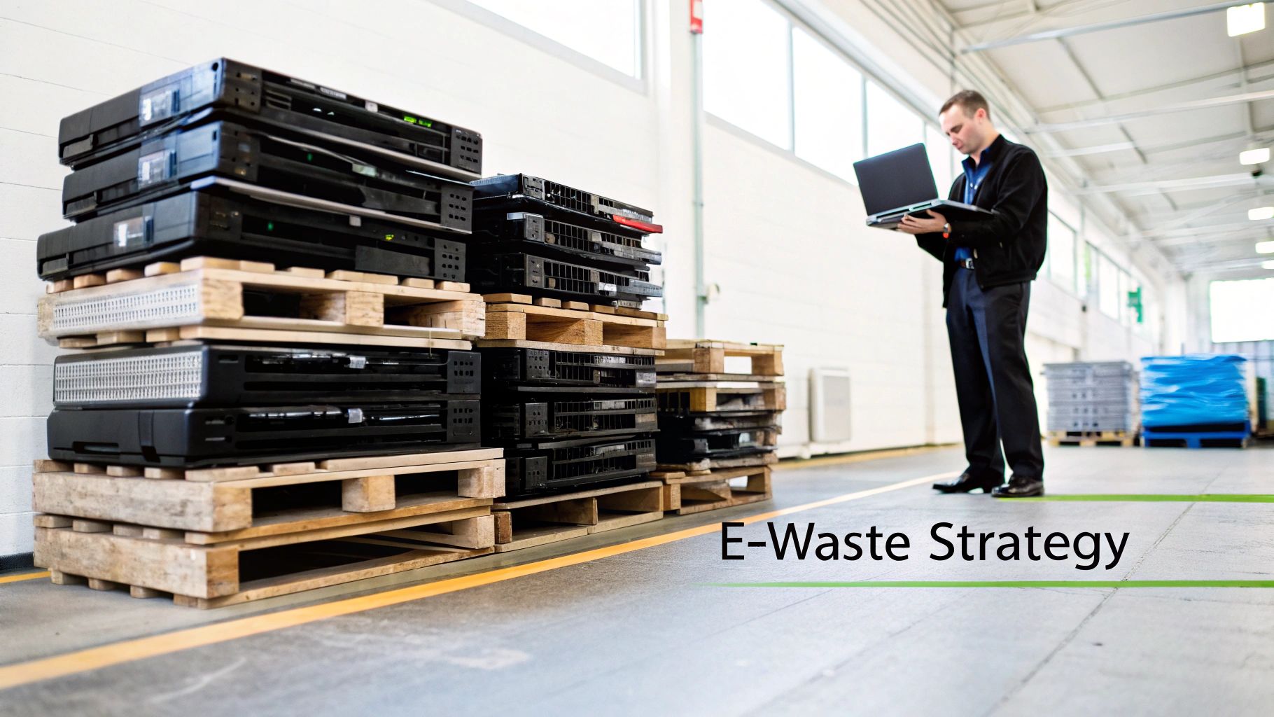 A clean, organized warehouse with shelves of decommissioned IT equipment ready for responsible recycling.
