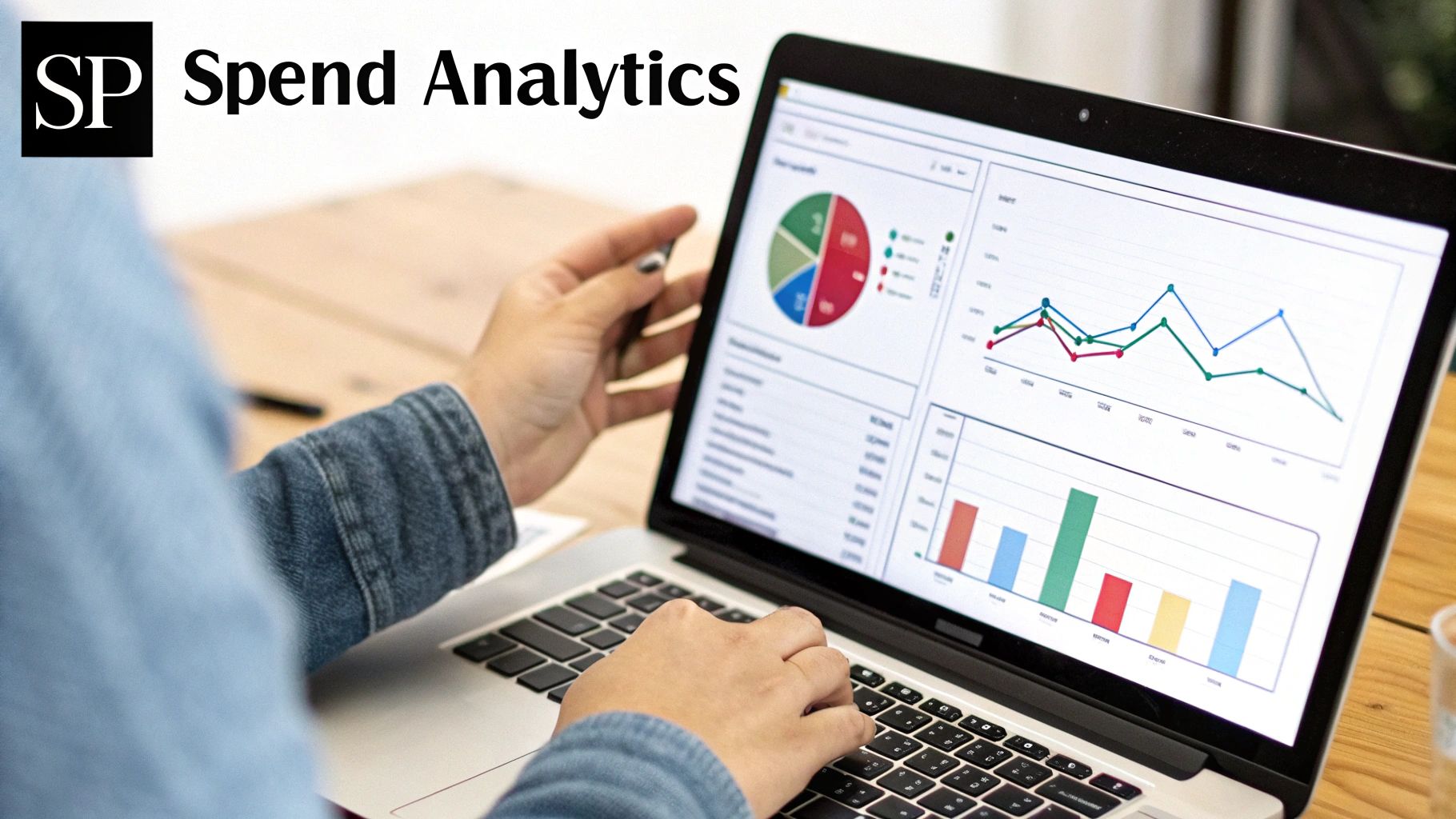 Person analyzing financial data on a laptop, showing charts and graphs for spend analytics.