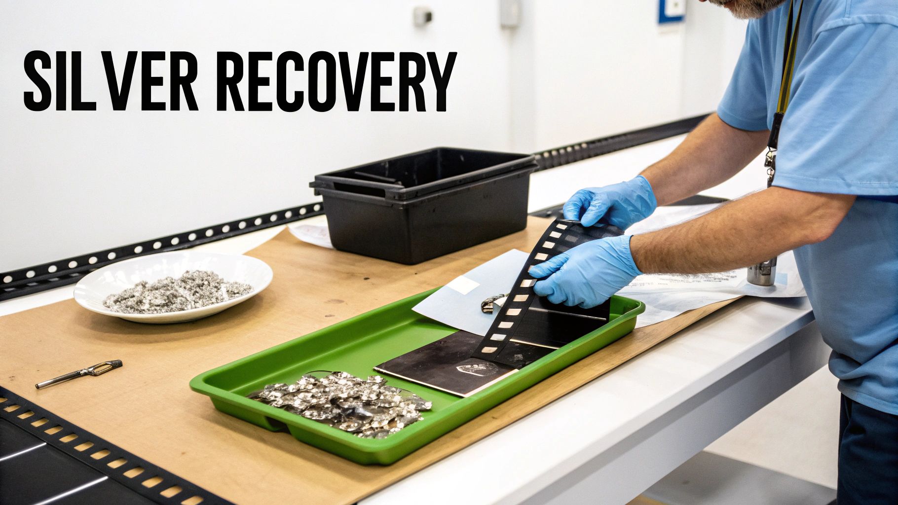 Person in blue gloves recovers silver from film strips, demonstrating a recycling process.