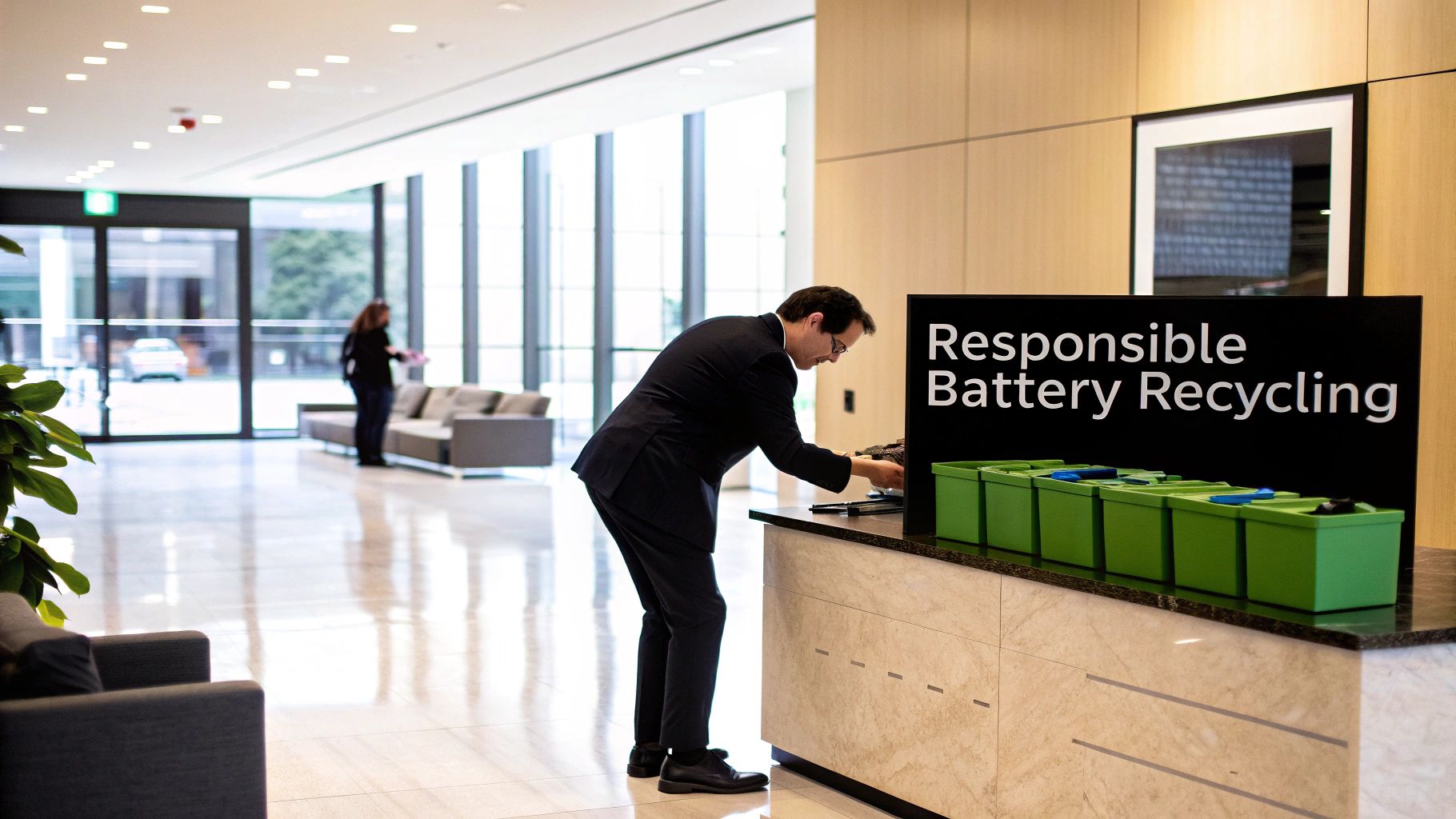 A man in a suit recycles batteries at a designated 'Responsible Battery Recycling' station in a modern building.