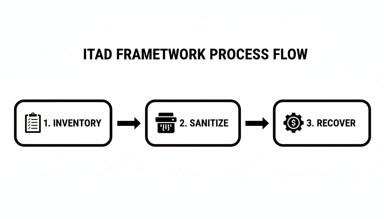 ITAD framework process flow diagram detailing steps for inventory, sanitize, and recover asset management.