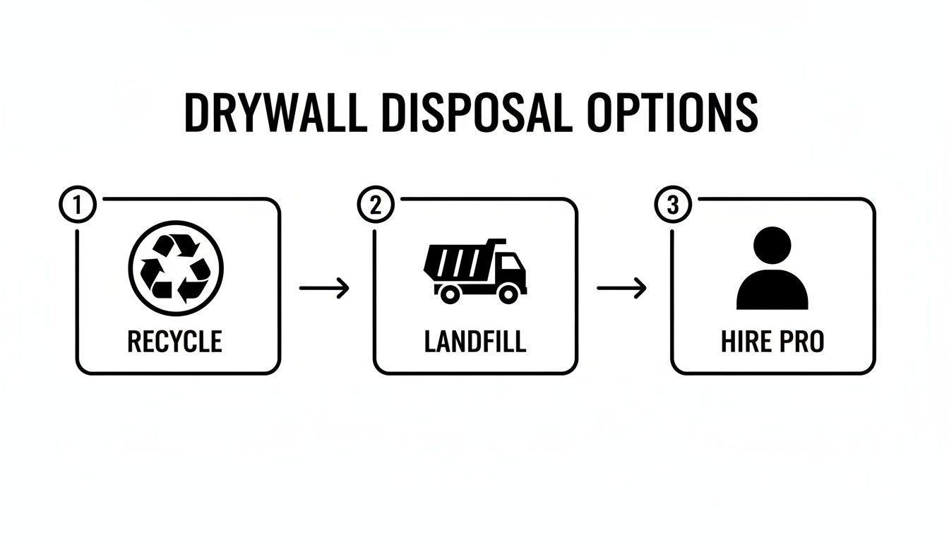Flowchart showing three drywall disposal options: recycle, landfill, or hire a professional.