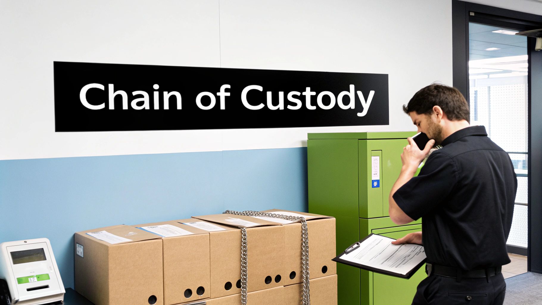 A man on the phone, holding a clipboard, next to chained boxes under a "Chain of Custody" sign.