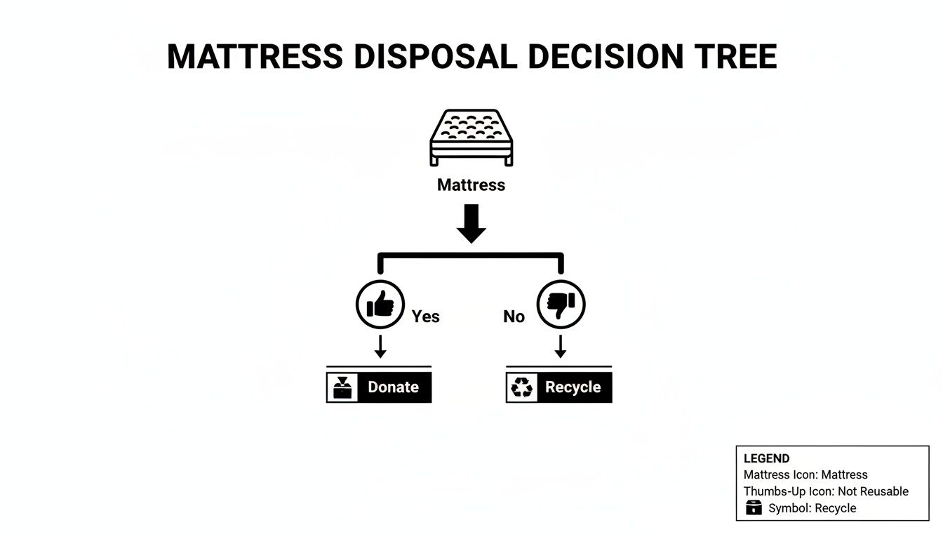 A flowchart for mattress disposal, guiding users to donate reusable mattresses or recycle non-reusable ones.