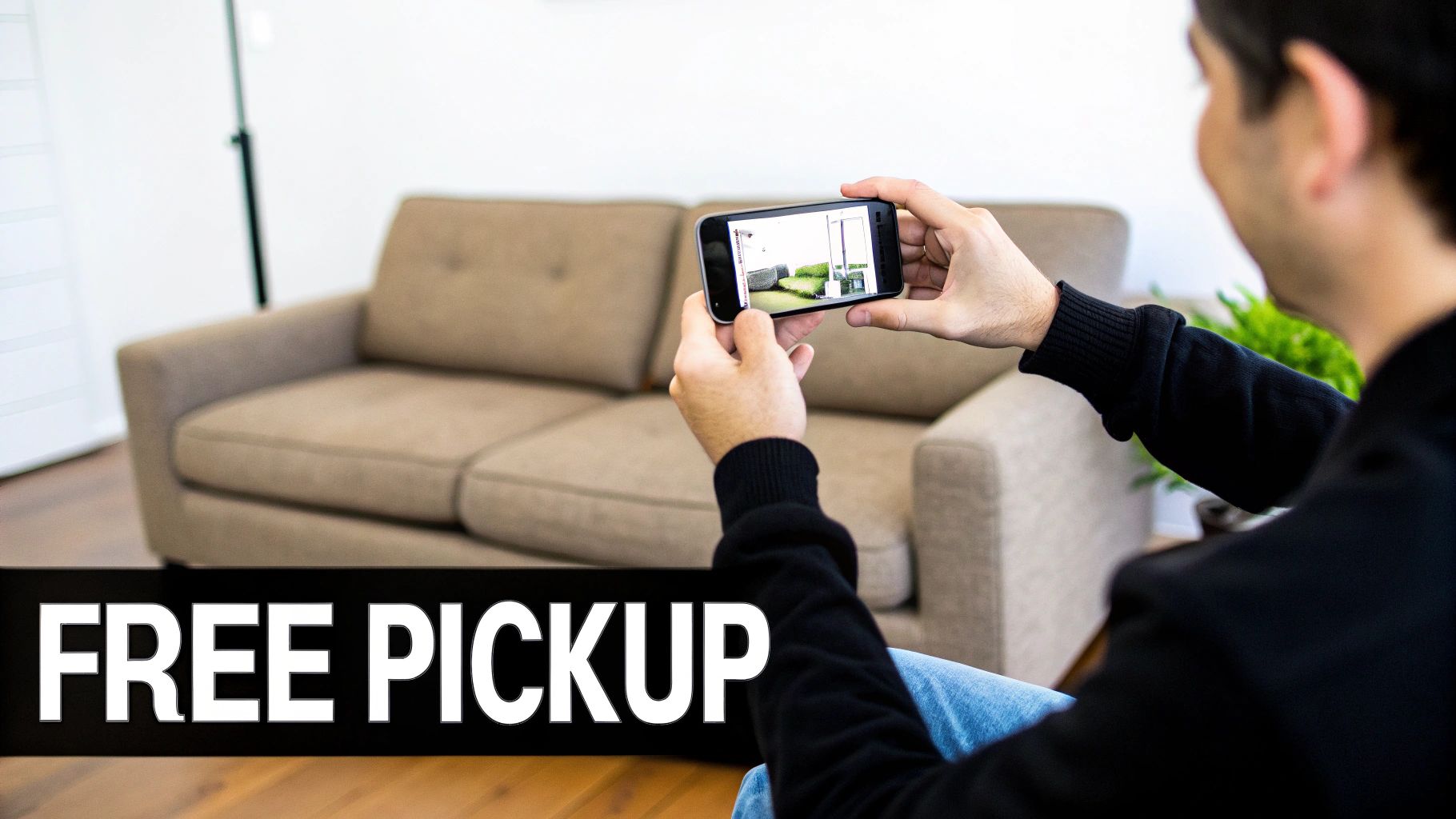 A person taking a clear, well-lit photo of a modern armchair with their smartphone to post online.