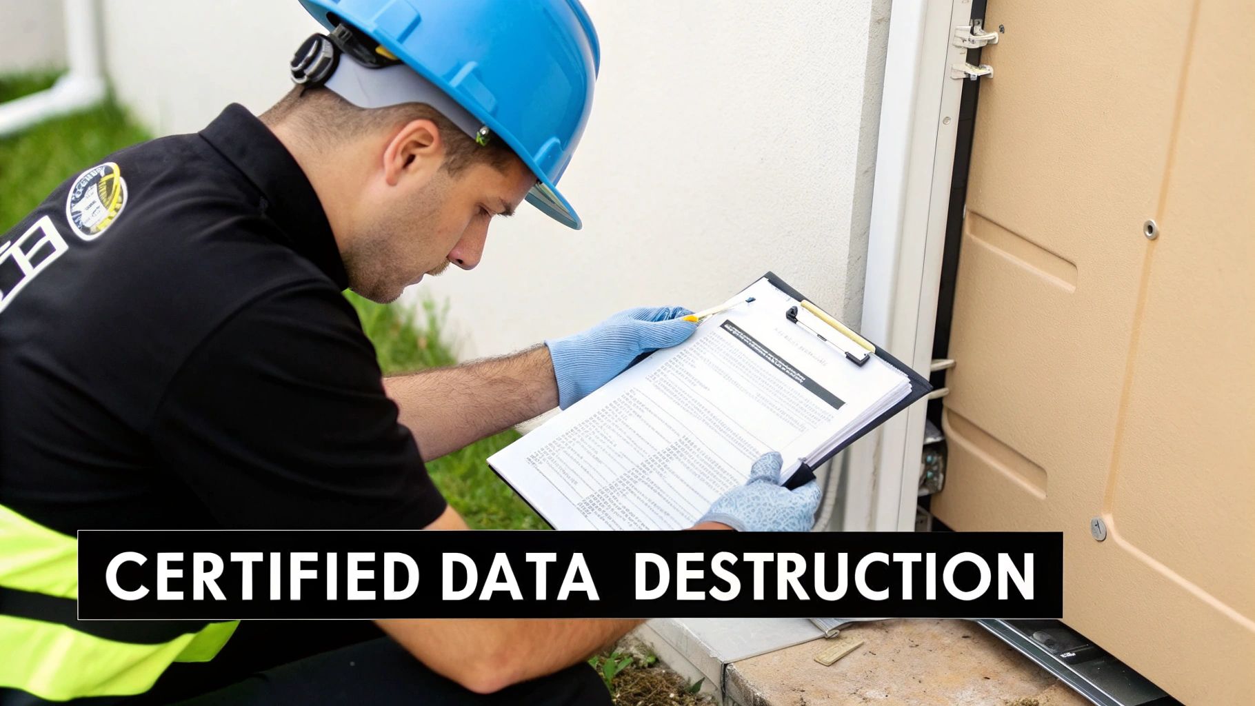 A professional in a hard hat and gloves meticulously inspecting papers on a clipboard outdoors.