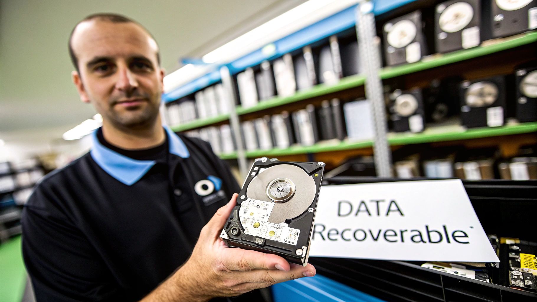 A technician holds an open hard drive, showcasing data recovery services with shelves of drives in the background.