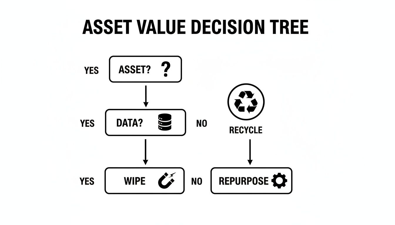 Decision tree for asset value and data management, outlining steps to wipe, repurpose, or recycle assets.