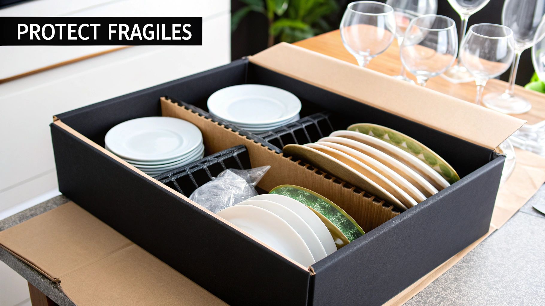A black box with cardboard dividers organizing stacks of white and green plates, protecting fragile kitchen items.