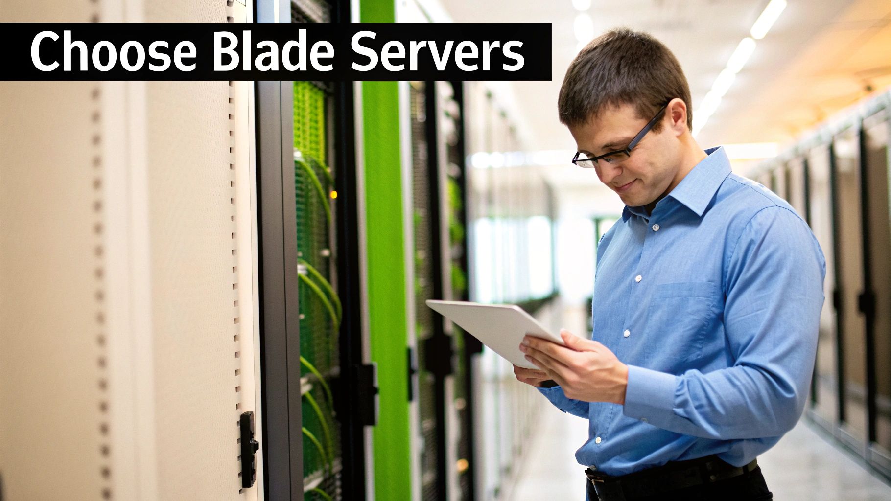 An IT professional uses a tablet to manage blade servers in a modern data center.